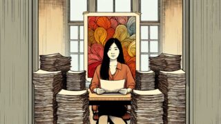 大量の同質な原稿に囲まれた執筆者と一枚の独自記事、AI 記事 量産 リスクを象徴する構図