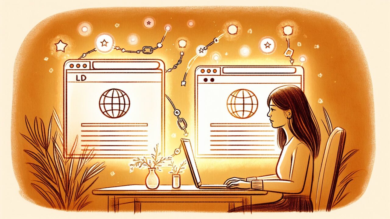 WordPress ドメイン 変更 SEO 影響を象徴的に示す、旧ドメインから新ドメインへ評価が移行する様子