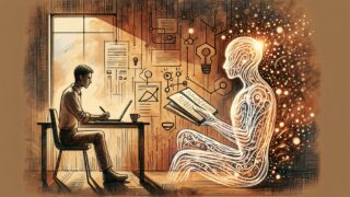 人間とAIがノートを共有し協働する様子でAI 記事 E-E-A-T 高める方法を象徴的に表現