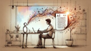 執筆者の隣でAI タイトル 生成が静かに支援し、集中して記事を書く様子