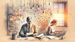 従来手法とAI 競合分析 プロンプトの違いを対比したデスクで働く二人の人物イラスト