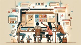 WordPress複数人編集注意点を象徴する、重複に気づきルールを話し合う大人たち