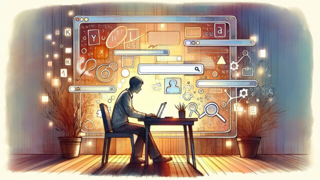 検索画面越しにクエリの混沌が整理されていく様子で描く、未来のSEO ライティング