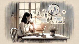 キーワードリサーチ ツールのデータと人間の検索意図のギャップを考えるワークスペースのイラスト