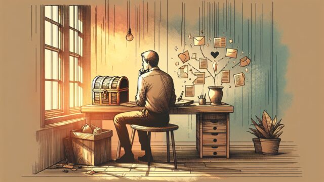 机でビジネスモデルを整理しながらお宝キーワード 探し方を考える人物イラスト