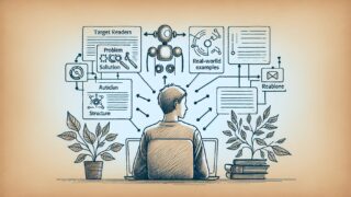 AI ライティング 成功事例 SEOの共通パターン、人とAIが協働し記事構成を整理する様子