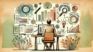 キーワードプランナー 活用の基本を象徴的に描いた、データとアイデアを比較検討する人物