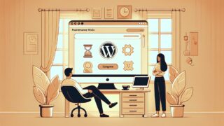 WordPress メンテナンスモード中の一時停止画面と更新作業を見守る二人の人物