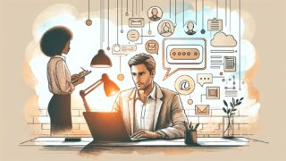 落ち着いた初心者がChatGPT 使い方 初心者の前提を学ぶ様子を描いたイラスト