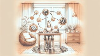 デスクで作業する大人と浮かぶアイコンでWordPress アフィリエイト 始め方の全体像を柔らかく表現