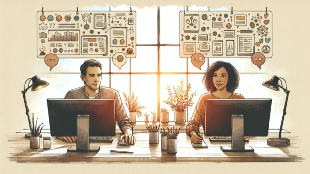 落ち着いたデスクで2人がGoogle Gemini (Bard) 使い方の返信スタイルを比較して整理する様子