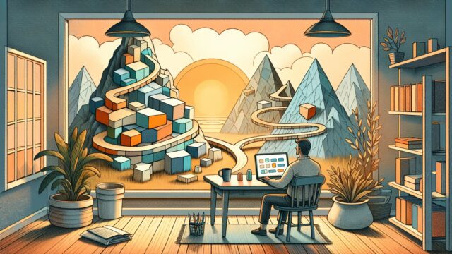 ビッグキーワード 勝ち方を象徴的に描いた机上の人物と分かれる2つのSEO戦略道