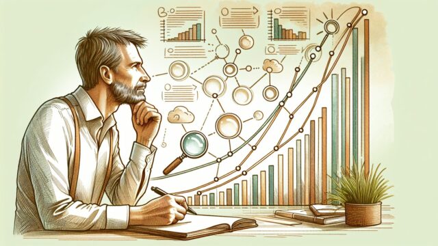 ロングテールキーワード SEOの前提を示す曲線グラフと意図分析する静かなデスクワーク風景