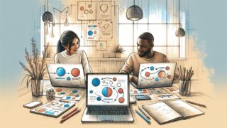 WordPress ABテスト やり方を考える二人が画面比較し仮説検証する様子