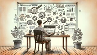 WordPress 収益化 記事構成を練るデスク周り、ブログ画面と収益アイコンが浮かぶイラスト