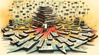 キーワード カニバリ 対策で競合する記事群を整理し構造化する様子のイラスト