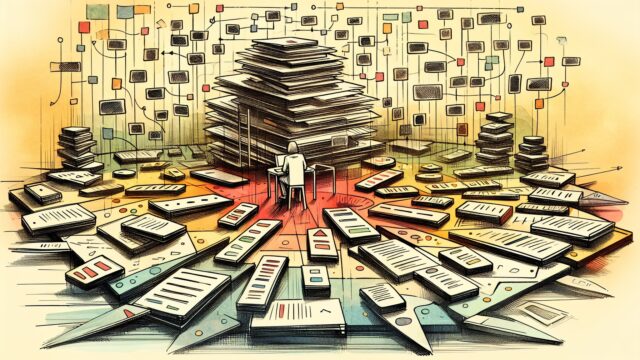 キーワード カニバリ 対策で競合する記事群を整理し構造化する様子のイラスト