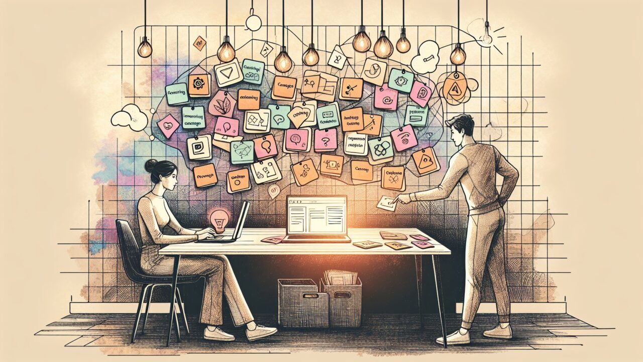 関連キーワード 埋め込みの検索意図を、カード分類で整理するワークスペースのイラスト