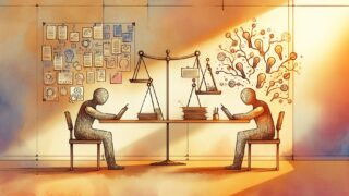 Claude vs ChatGPT ライティング どっちを象徴する対照的なAIキャラクターと机上の比較シーン