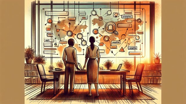 デスクで二人が地図と図を見比べ検索意図と競合サイト キーワード 抜き出しを整理