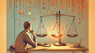 キーワード 出現頻度とコンテンツ品質のバランスを量りで調整するワークスペースイラスト