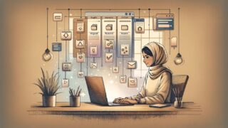 デスクで分類を見直す人物と画面のカテゴリ並びを対比し、WordPress カテゴリー 順番 入れ替えの整理を表現