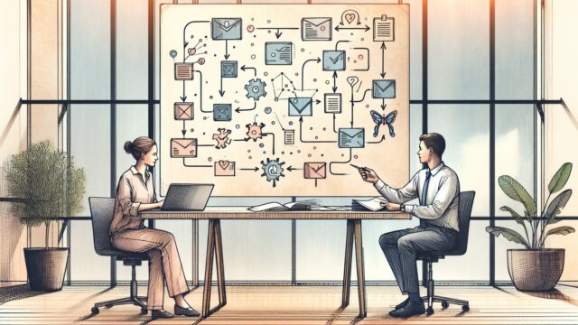 ビジネスのワークフローにGPTs 作り方 活用術を組み込む流れを示す手描きイラスト