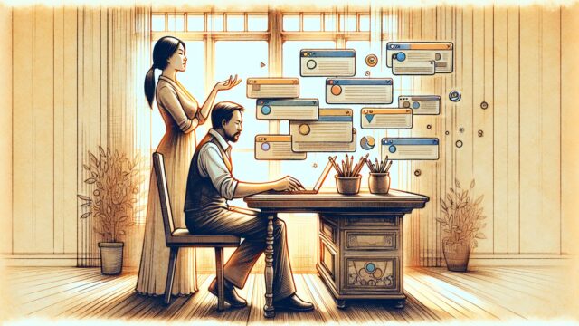 検索画面を比較しながら検索意図を整理し、複数キーワード 狙う思考プロセスを描いたイラスト