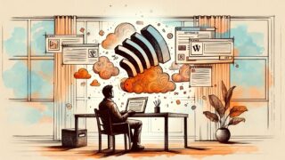 穏やかなデスクでWP RSS フィード 停止を検討する様子、RSS役割の変化を象徴的に表現