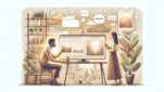 Midjourney 使い方をビジネス視点で整理し、チャットから画像生成する様子を示すイラスト