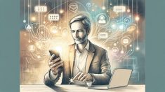 日常の中で LINE で ChatGPT 使う様子を描いた手描きイラスト、スマホ利用が中心となる構図