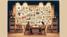 コンテンツマーケティング 成功事例で、数字とストーリーが融合する様子を描いた暖色系イラスト