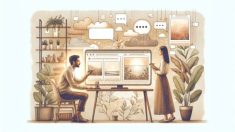 Midjourney 使い方をビジネス視点で整理し、チャットから画像生成する様子を示すイラスト