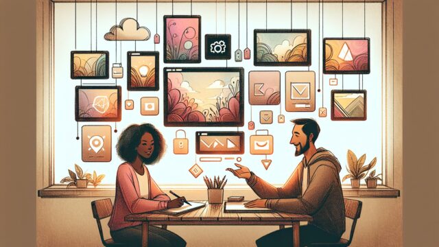 AI 画像生成 無料 おすすめプランの比較を検討する二人のビジネスパーソン