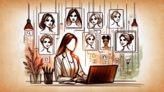 AI 美女 生成 やり方を示す、暖かな光の中で女性ポートレートを生成するビジネス利用シーン
