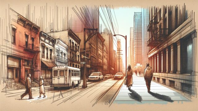 AI 写真 実写化の概念を示す、ラフな街並みから実写的描写へ滑らかに変化するイラスト