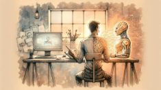 AI イラストレーター 仕事 影響を静かな制作スタジオで人とAIの共存として描いた水彩イラスト