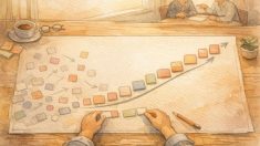 CVR 上げる ライティングの文章構造を俯瞰し、混乱から整理へと導くデスク上の俯瞰イラスト