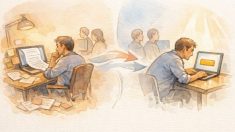 穏やかな読書体験から行動を促す画面へ移行する様子で記事 LP化のイメージを表現