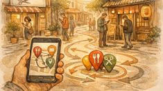 夕方の商店街でスマホを見て店を比較する人々、ローカルSEO 記事作成のイメージ