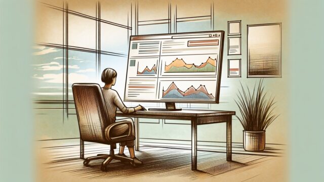 落ち着いたデスクで検索順位の変動理由をグラフ分析する様子