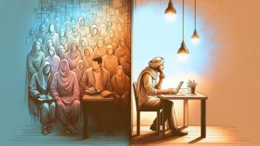 記事で集客できない理由を考える人が、ぼやけた群衆と明確な一人の読者像を比較している場面