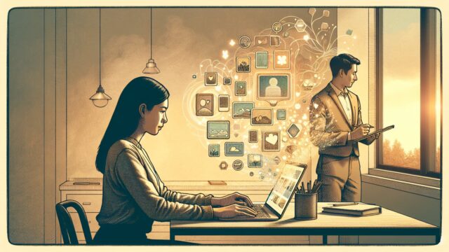 明るいオフィスで大人がDALL-E 3 使い方を試し、複数の画像案を比較検討する様子