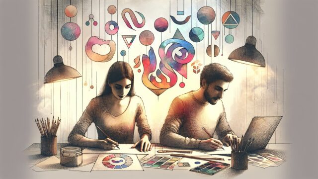 手描き案からAI ロゴ デザイン案へ橋渡しする制作プロセスを象徴的に描いたイラスト