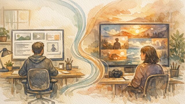 動画生成 AI 比較の概念図、テキスト中心とリッチ映像型ワークスペースの対比