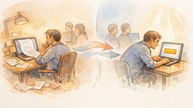 穏やかな読書体験から行動を促す画面へ移行する様子で記事 LP化のイメージを表現