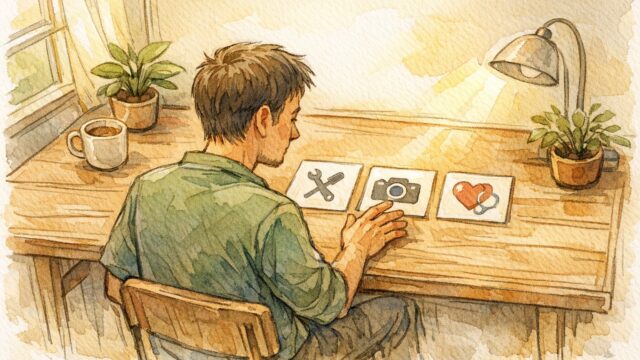 比較記事 書き方を考える大人が机で複数の選択肢を比較検討する様子