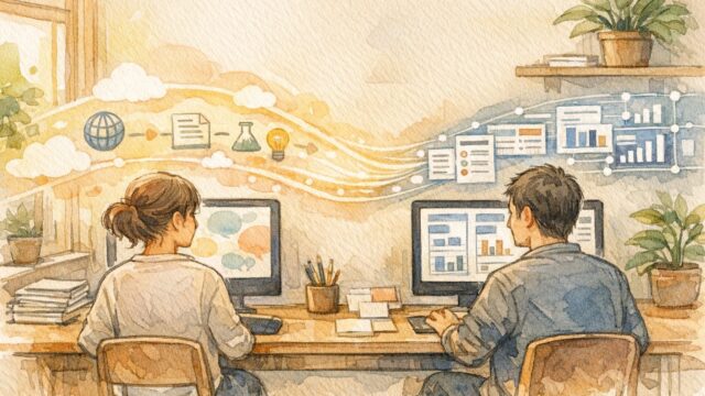 レビュー記事 構成が読者の比較検討を導く流れを示す温かなイラスト