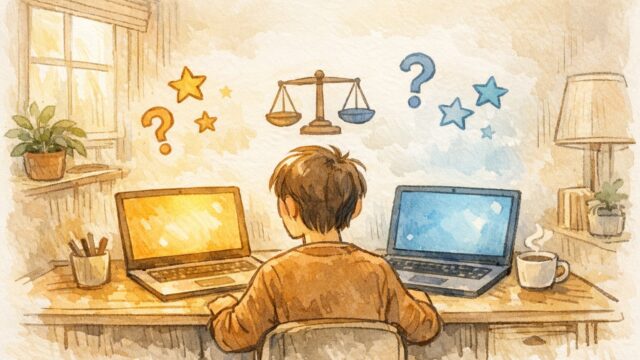 デメリット 記事に書く 理由を比較検討する様子、2台のノートPCを前に冷静に判断するビジネスパーソン