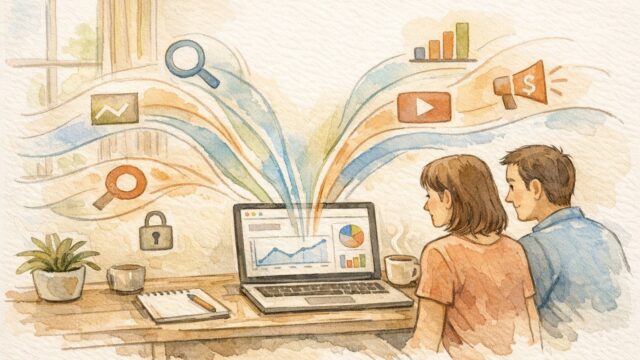 SiteKit by Google 連携方法の全体像を俯瞰する、穏やかなデスクと共同作業シーン